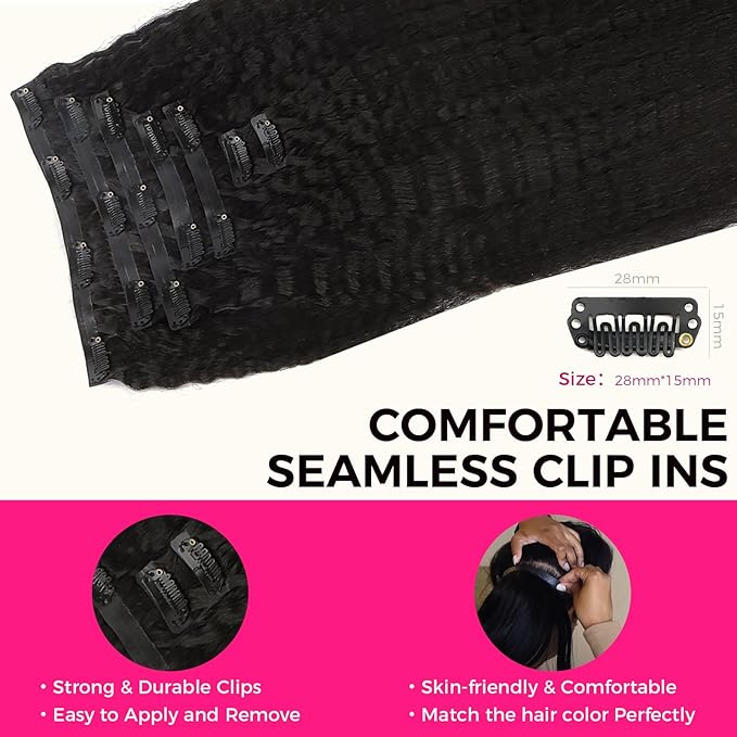 Lashey Seamless Clip in Hair Extensions Human Hair #1 Jet Black Kinky Straight Clip in Hair Extensions Real Human Hair 7pcs 110g 24 Inch PU Weft Natural Hair Extension for Women