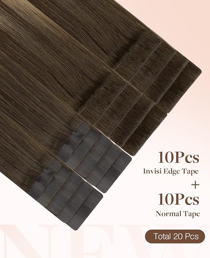 GOO GOO Invisi Edge Tape in Hair Extensions Human Hair, 4/27/4 Balayage Chocolate Brown to Caramel Blonde 10pcs injected with 10pcs classical tape ins, 20inch 50g, Virgin Remy Hair, Natural Look
