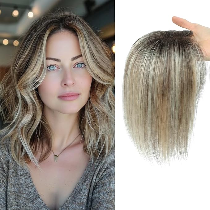 YAMI Hair Toppers for Women Fluffy Human Hair Topper 10inch Handmade Swiss Base Hairpieces 360° Cover Hairloss (Ombre Light Brown with Blond Highlight)