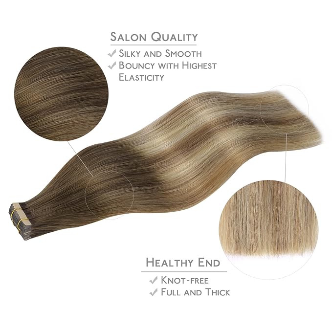 WENNALIFE Tape in Hair Extensions Human Hair, 20pcs 20 inch 50g Ombre Walnut Brown to Ash Brown and Bleach Blonde Remy Tape Hair Extensions Real Human Hair Tape Extensions Coloured Hair Extensions