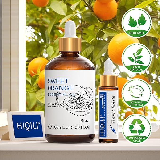 HIQILI 100ML Orange Essential Oil for Air Freshener, DIY Soap, Skin Care, Can be Added to Diffusers, Dryer Balls, Lotions for Use - 3.38 Fl Oz