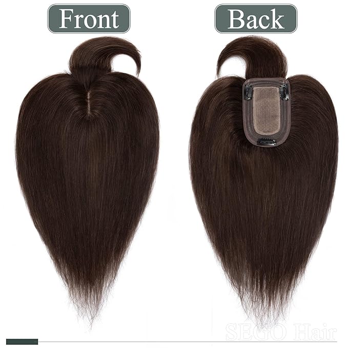 SEGO Hair Toppers for Women Real Human Hair, Clip In Topper Pieces with Front Bangs for Thinning Hair, Straight, 150% Density, Silk Base, 8 Inches,#2 Dark Brown