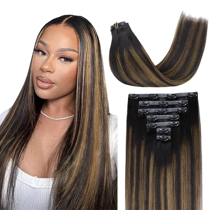 Lashey Seamless Clip in Hair Extensions Natural Black Mixed Chestnut Brown Real Human Hair 7pcs 110g 22 Inch Light Yaki Clip in Real Hair Extensions with Invisi Edge Soft Hair for Black Women