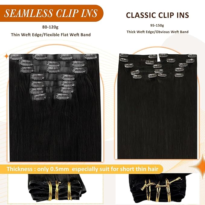 Full Shine Human Hair Clip in Extensions Black Clip in Hair Extensions for Women 24 Inch Invisible Hair Extensions Clip ins Straight Hair Full Head 8 PCS 120 G