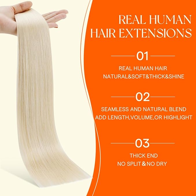 Full Shine Invisible Tape in Hair Extensions Human Hair Color 1000 White Blonde Seamless Injected Tape in Human Hair Extensions Add Length 24Inch 50Grams 20Pcs No Knots in Winter