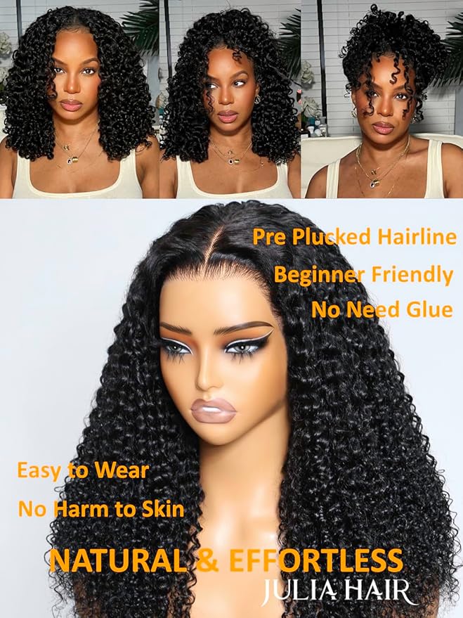 Julia Hair Bye Bye Knots Glueless Wig Curly Pre Cut Lace Front Wigs Human Hair for Women 12A Upgrade 7x5 Lace Closure Wig Pre Plucked with Pre Bleached Knots Put on and Go Natural Color 20 Inch