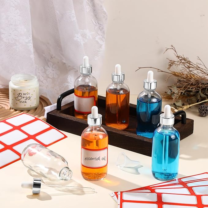 Dandat 50 Pack 4 oz Glass Dropper Bottles Leakproof 120 ml Glass Tincture Bottles with Eye Droppers, 4 Funnels, 54 Labels for Essential Oil Perfumes Hair Oil(Transparent)