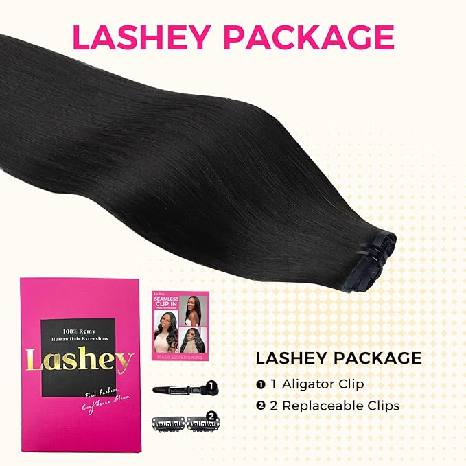 Lashey Seamless Clip in Hair Extensions Human Hair 130g 18 Inch 9pcs #1 Jet Black Light Yaki Straight Full Pack Clip in Hair Extensions for Women