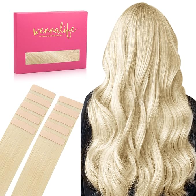 WENNALIFE Tape in Hair Extensions Human Hair Platinum Blonde Tape in Extensions, 10pcs 20g 10 inch Remy Invisible Tape Ins Straight Soft Real Human Hair Tape in Extensions Refill Set Extensions