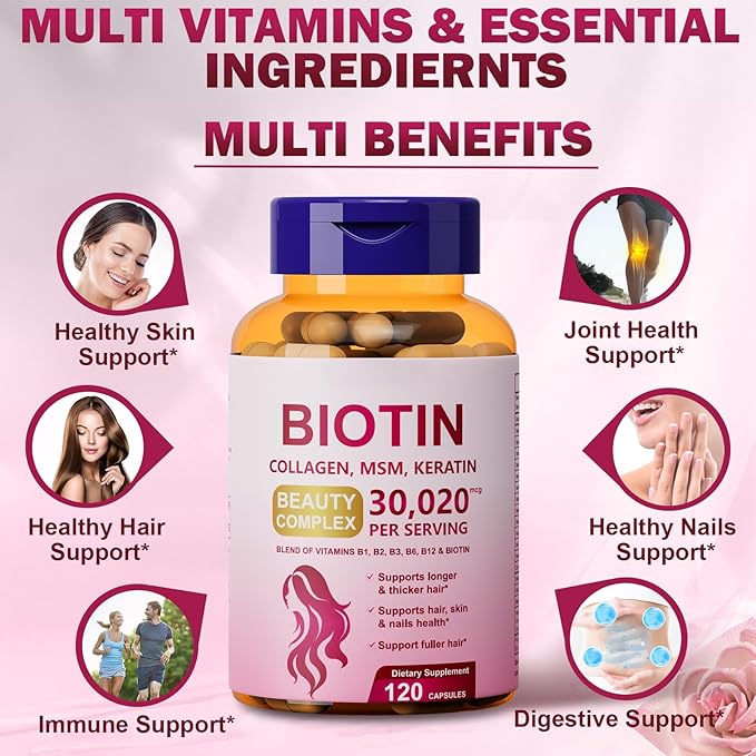25-in-1 Biotin Supplement for Longer, Thicker & Healthier Hair, with Kertain, MSM, Zinc, Natural Herbal Extracts, Hair Growth Capsules Perfects for Women and Men, 120 Capsules
