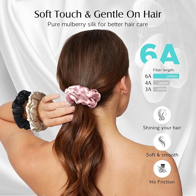 YFONG 3 PCS 100% Mulberry Silk Scrunchies for Women Girls, 22 Momme Soft Hair Ties for Frizz & Breakage Prevention, Elastic Ponytail Holders Gentle And No hurt, (Pink+Black+Champagne)