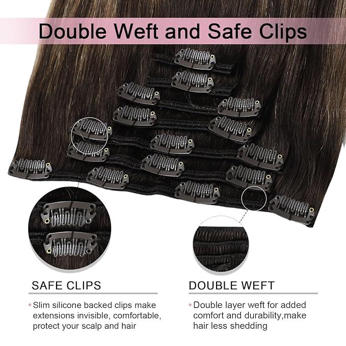 Pro2.0 Remy Clip in Extensions Real Human Hair #2/6/2 Balayage Dark Brown to Chestnut Brown Remy Clip in Hair Extensions Real Human Hair 18inch 120g Thick 7pcs Double Weft（#2/6/2-18inch）