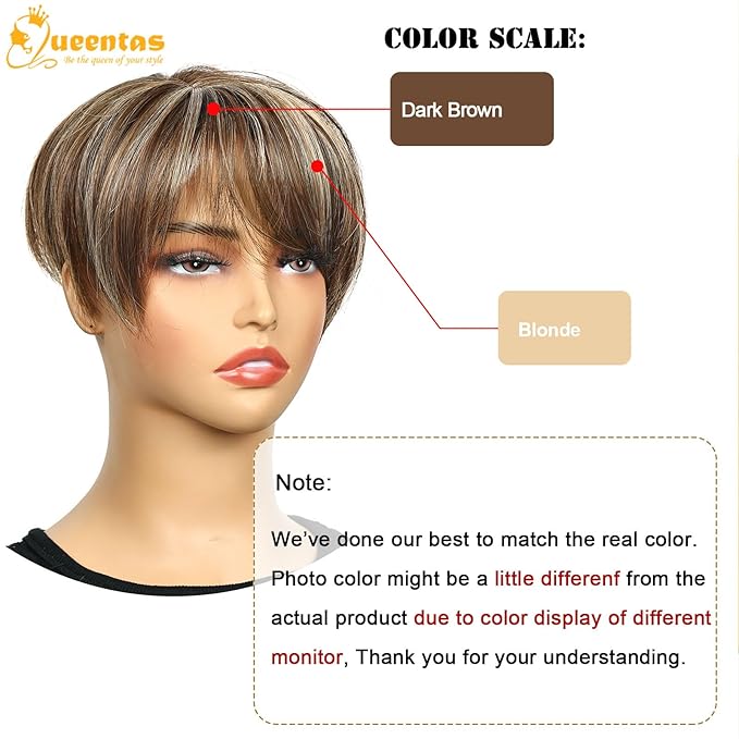 QUEENTAS Short Hair Toppers for Women with Thinning Hair Large Full Coverage with 5 Clips Hair Pieces Wispy Bangs(Brown Highlight Blonde)