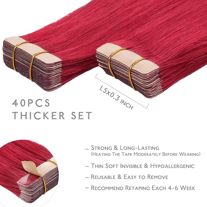 WENNALIFE Tape in Hair Extensions Human Hair, 40pcs 100g 24 inch Red Hair Extensions Real Human Hair Straight Tape in Extensions Invisible Extensions Reusable