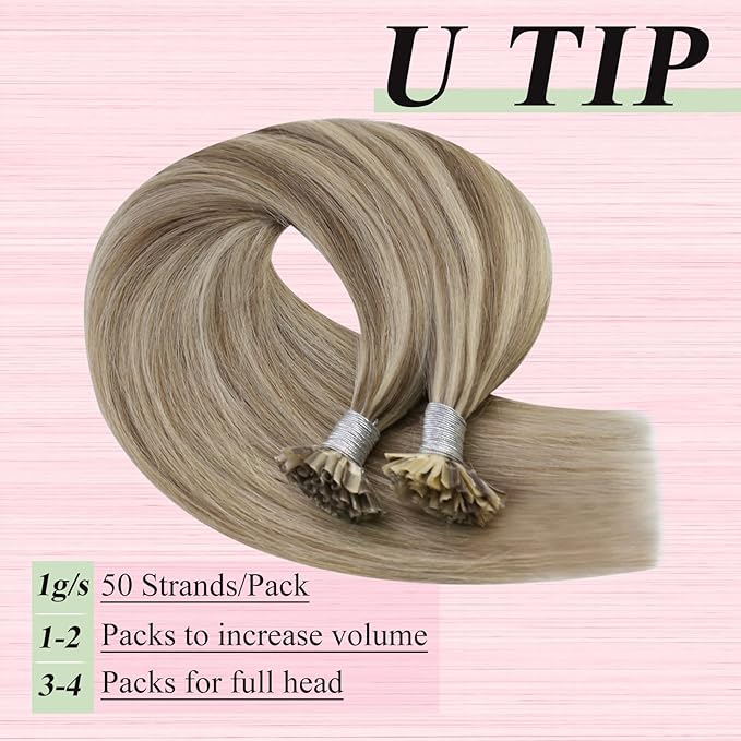 YoungSee Utip Hair Extensions Human Hair Long Straight U Tip Real Hair Extension Light Brown Highlights Blonde K Tips Human Hair Extensions Hot Fusion Ktip Extenesion Remy Hair Add Length 24In 50s/50g