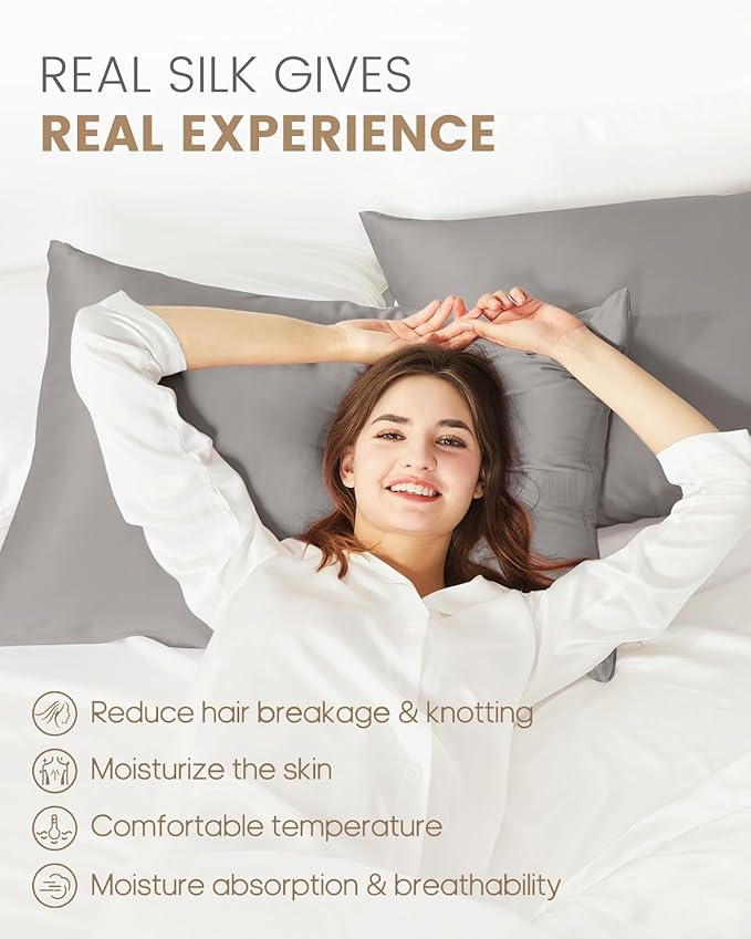 THXSILK 100% Mulberry Silk Pillowcase for Hair and Skin, Natural Silk Pillow Cover with Hidden Zipper, Ultra-Soft Breathable Smooth Organic Silk Pillowcase(Grey, California King Size 20"x40")