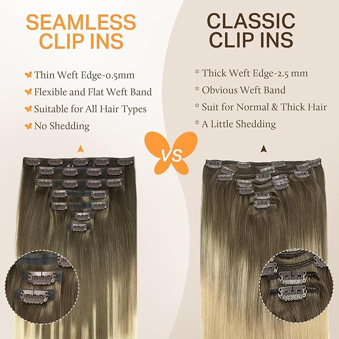 DOORES Human Hair Clip in Extensions - Ash Brown to Platinum Blonde, 14 Inch, 130g, 9pcs - Seamless, Natural, Straight, Invisi Edge, Thick