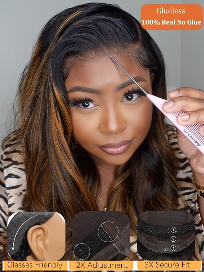 Julia Hair Bye Bye Knots Glueless Wig Highlight Balayage Brown Body Wave 7x5 Pre Cut HD Lace Front Wigs Human Hair Pre Plucked Bleached Knots Pre Everything Ready To Go Ombre Wig 26 Inch