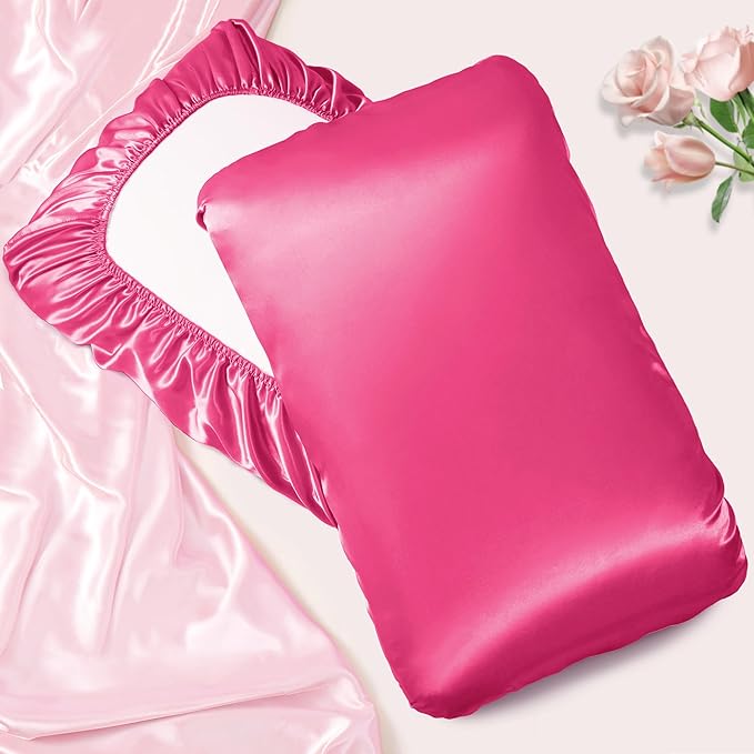 Manyshofu Satin Pillowcases for Hair Protection - 1Pcs Hot Pink Pillow Cases, Elastic Band Standard & Queen Satin Pillowcases Luxury Silky Pillow Cases Travel Pillow Covers
