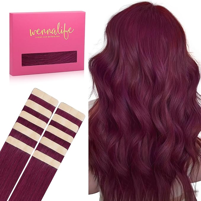 WENNALIFE Tape in Hair Extensions Human Hair Light Burgundy Tape in Extensions, 10pcs 30g 24 inch Remy Invisible Tape Ins Straight Colored Soft Real Human Hair Tape in Extensions Refill Set Extensions