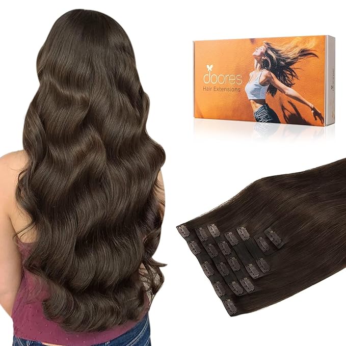 DOORES Seamless Clip-in Hair Extensions, Real Human Hair, Light Dark Brown, 18 Inch, 110g, 7pcs, Invisi Edge, Straight Natural Hair