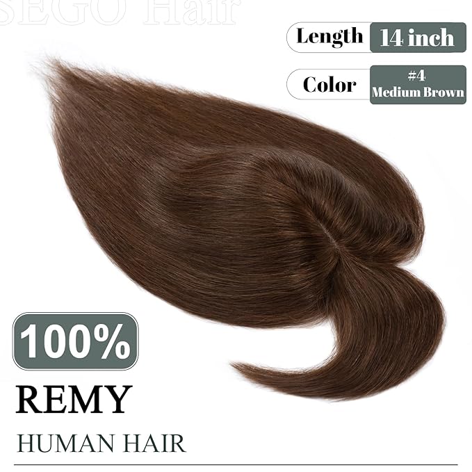SEGO Hair Toppers for Women Real Human Hair with Thinning Hair, Toppers Hair Pieces Clip in Toppers Straight Hair Pieces with Front Bangs 150% Density Silk Base -14 Inch #4 Medium Brown