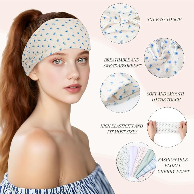 obeoby Boho Headbands for Women, 8 Pack Floral Cherry Headbands Non Slip Fashion Wide Headband Hair Wrap for Teen Girl Gifts Trendy Stuff