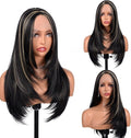 BrittyHair Black Mix Blonde Long Straight Wig for Women 26 Inches Synthetic Layered Wig 13x4x1 Black Mix Blonde Lace Front Wig Middle Part Synthetic Wigs for Daily Cosplay Party Use