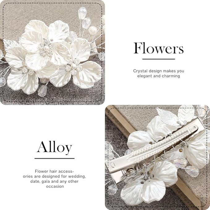 Asooll Flower Wedding Hair Barrette Clips Silver Bridal Hair Accessories Pearl Hair Pieces for Women (Silver)