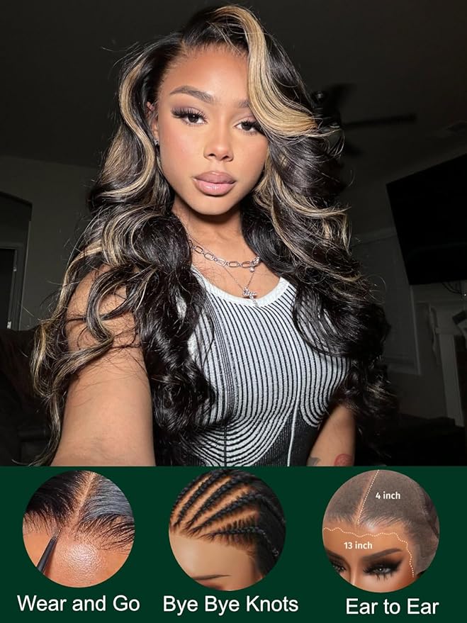 KLAIYI Bye Bye Knots Glueless Wig Human Hair 13x4 Balayage Highlight 3D Body Wave Precut Lace Front Wig with Baby Hair Black Mix Blonde Brown Pre Plucked Pre Bleached Knots Wig 30S Easy to Wear 22Inch
