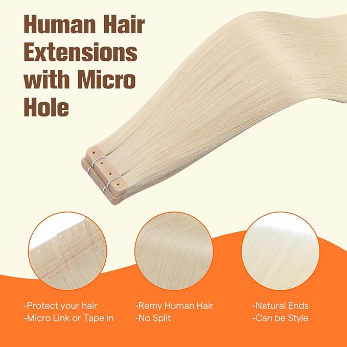 Full Shine Tape in Hair Extensions Invisible Tape Extensions Human Hair Color 60 Bleach Blonde 20PCS 50G 24Inch Tape with Holes for Daily Wear No Glue No Clips Seamless Skin Weft for Women