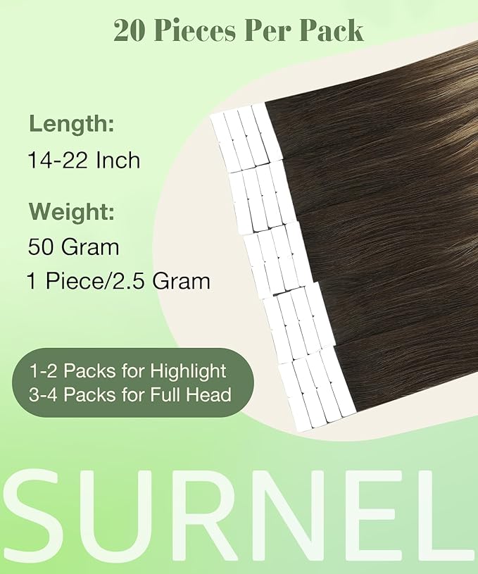 SURNEL 14 inch Tape in Hair Extensions Balayage Color 2 Dark Brown Fading to 6 and 18 Ash Blonde Tape in Hair Extensions Human Hair 20 pcs 50g(#2/6/18-14)