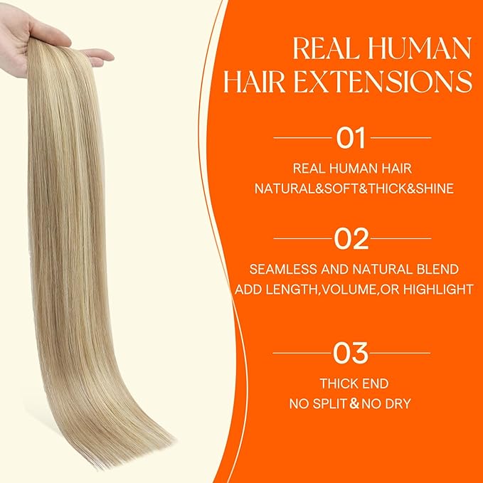 Full Shine Injection Tape in Hair Extensions Human Hair 14 Inch Color 16 Golden Blonde Highlight 22 Medium Blonde 40 Grams Seamless Invisible Brazilian Tape in Hair Extensions for Wedding 20 Pcs