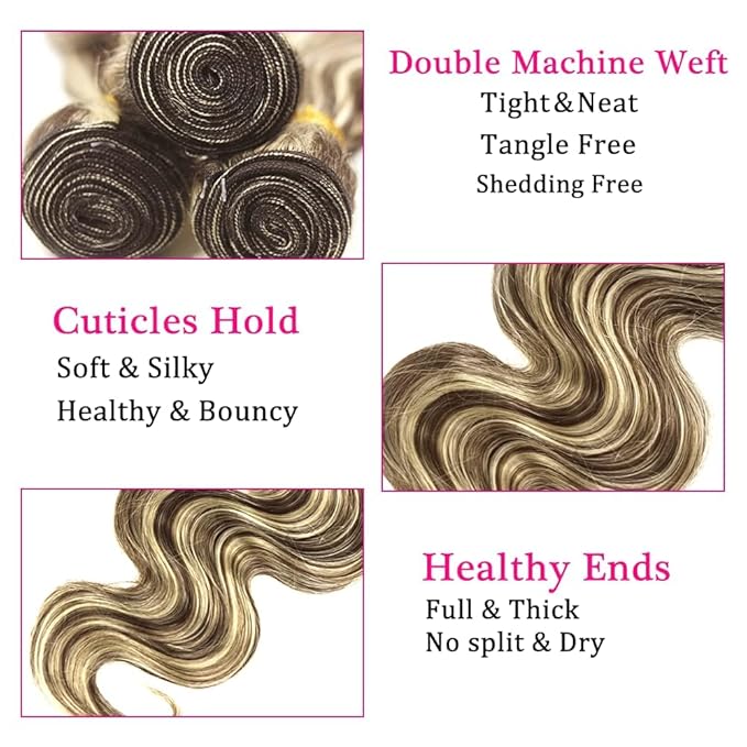 Blonde Bundles Human Hair Highlight Body Wave Bundles 26 28 30 Inch 2 Tone Black and Blonde Body Wave Bundle Niegmeag Brazilian Virgin Remy Hair Extensions 300g