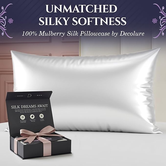 DECOLURE 100% Pure Mulberry Silk Pillow Case King Size – Highest Grade 30 Momme 6A+, Luxuriously Soft & Cooling Silk Pillowcase for Hair & Skin, Hypoallergenic, Breathable, Hidden Zipper (White)