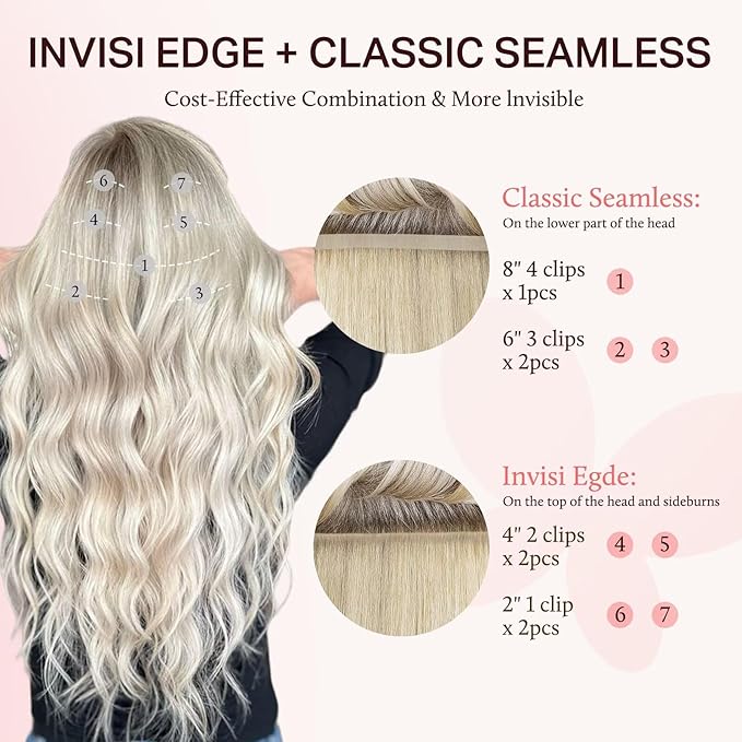 DOORES Clip in Hair Extensions Set 20 Inch 120g, 4pcs Invisi Edge Clip ins and 3pcs Classic Seamless Clip ins, Injected Virgin Real Human Hair Extensions Natural Invisible Straight, #1