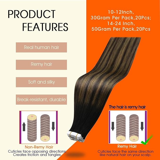 Full Shine Tape Hair Extensions Real Human Hair 12Inch Color 1B Black Ombre 6 Brown Highlight 1B Tape in Human Hair Extensions Double Sided Tapes ins 30Gram 20Pcs Seamless Invisible Straight Hair