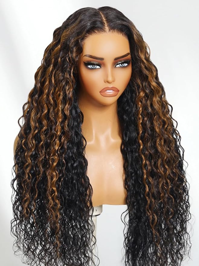 Julia Hair Ombre Brown Water Wave Glueless Wig Human Hair 7x5 HD Lace Closure with Invisible Drawstring Pre Plucked Bleached Highlight Balayage Colored Curly Wigs Put On And Go 24 Inch