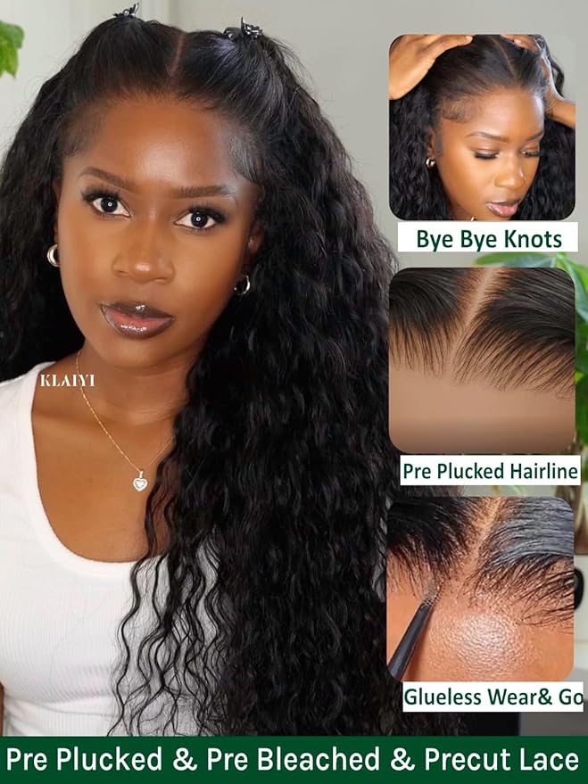 KLAIYI Water Wave Pre Everything Glueless 13x4 Lace Front Wigs Human Hair Precut Lace Pre Plucked Pre Bleached Bye Bye Knots Curly Wear and Go Beginners Wig with Drawstring 30S Ready to Wear 22Inch