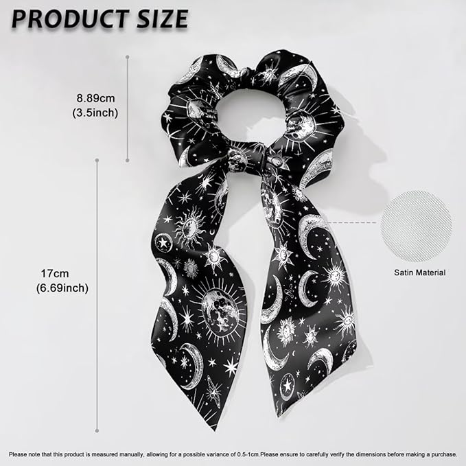 Green Star Hair Ties Elastic Ribbon 2 Pack Sun Moon Black Knotted Bow Hair Scrunchies for Girls No Damage Ponytail Scrunchy with Long Tails