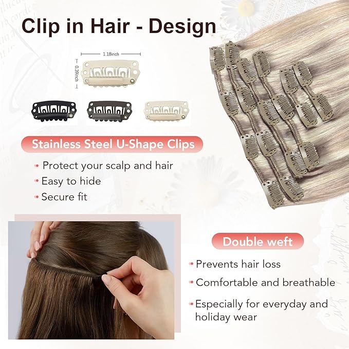 XDhair Human Hair Clip in Extensions 120g 22 Inch Ash Blonde Highlights Bleach Blonde Clip in Hair Extensions Real Human Hair Silky Straight 6pcs #18P613