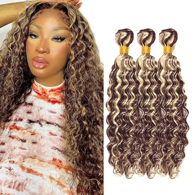 Highlight Bundles Human Hair P4/613 Deep Wave Bundle 26 28 30 Inch Niegmeag Brazilian Virgin Remy Hair Extensions Double Weft 2 Tone Brown and Blonde Bundles 300g