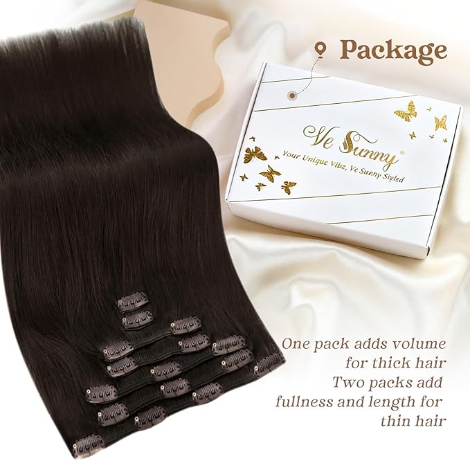 Ve Sunny Clip in Hair Extensions Real Human Hair, Clip in Human Hair Extensions, Hair Clip Extensions for Women Dark Brown Remy Hair Extensions 7pcs 14inch 100g