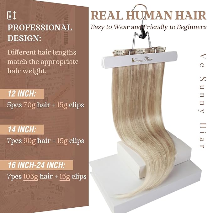 Ve Sunny Blonde Clip in Hair Extensions Real Human Hair for Women Highlight Hair Extensions Clip in Remy Human Hair Full Head Warm Color 7pcs 120g 22inch