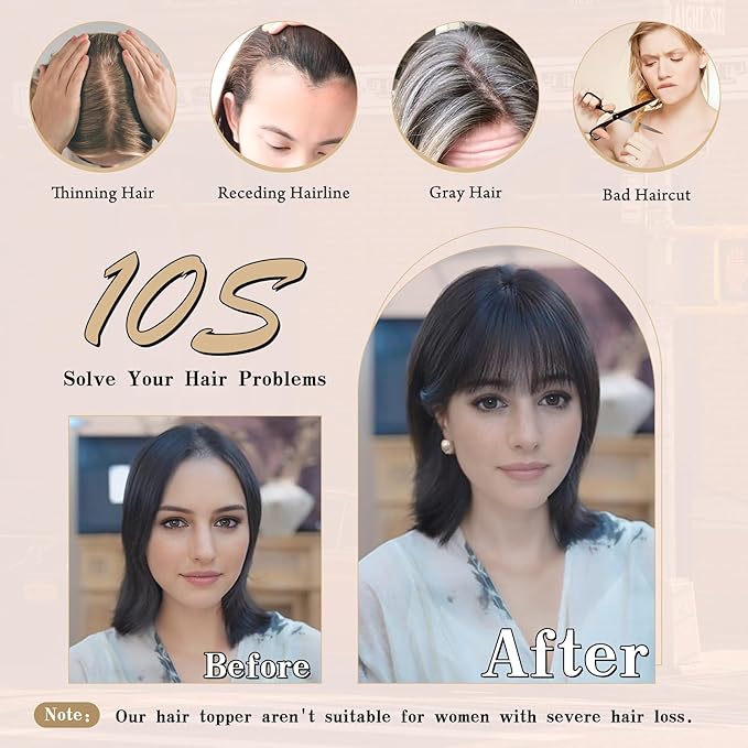 Hair Toppers for Women Clip in Bangs Real Human Hair,10 Inch 30g Natural Black Topper for Women 150% Density Silk Base Clip in Pieces Straight Hair for Thin Hair Daily Use