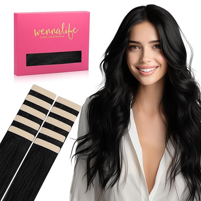 WENNALIFE Tape in Hair Extensions Human Hair Jet Black Tape in Extensions, 10pcs 25g 14 inch Remy Invisible Tape Ins Straight Colored Soft Real Human Hair Tape in Extensions Refill Set Extensions