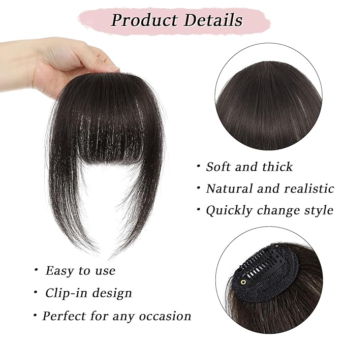 Clip in Bangs Real Human Hair Brown Black French Bangs Fringe with Temples Thick Curtain Bangs Clip on Bangs Curved Fake Bangs Hairpieces for Women for Daily Wear