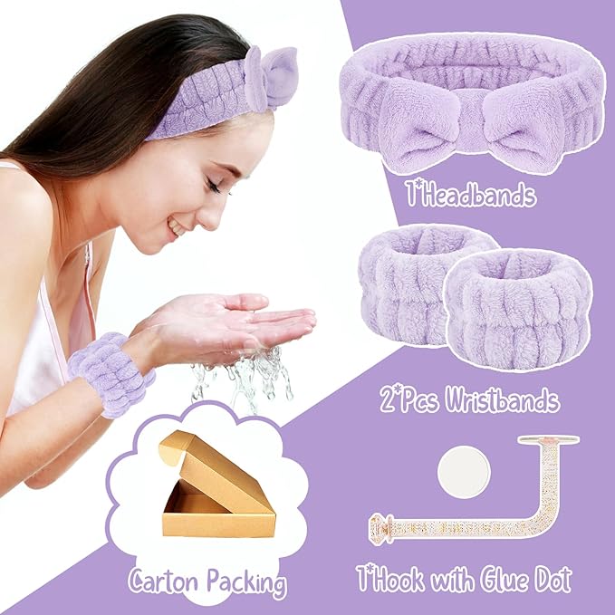 Face Wash Headband and Wristband Set, 1 Set, Purple, Microfiber, for Women, Hairband Set, Keep Hair Dry, Prevent Water from Running Down Arms during Face Washing, 1 Count