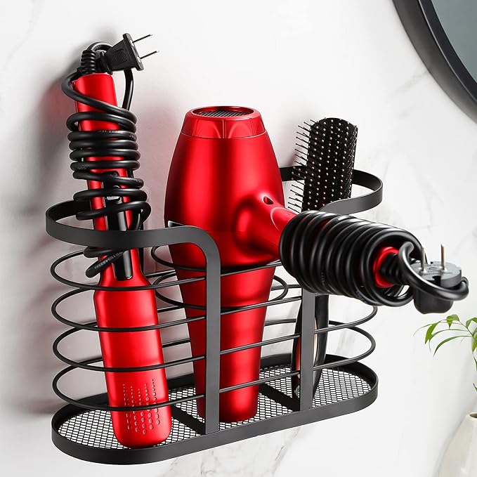 YIGII Hair Dryer Holder - Wall Mount/Adhesive Blow Dryer Holder Bathroom Organizer Hot Tools Organizer for Hair Dryer, Electric Shaver Black