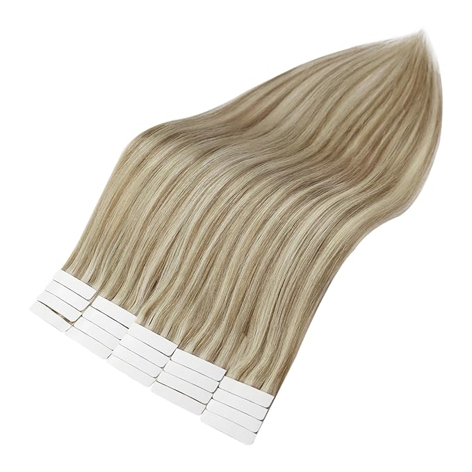Full Shine Tape in Hair Extensions Golden Blonde Highlighted Medium Blonde 14 Inch Tape in Human Hair Extensions 50 Gram 20pcs Seamless Remy Straight Hair Real Natural Add Volume Double Sided Tape